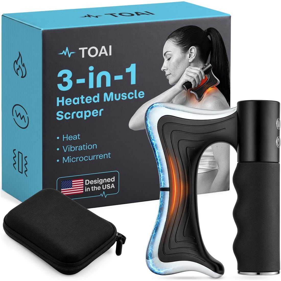 The TOAI scraper beside its retail carton and hard zippered travel case