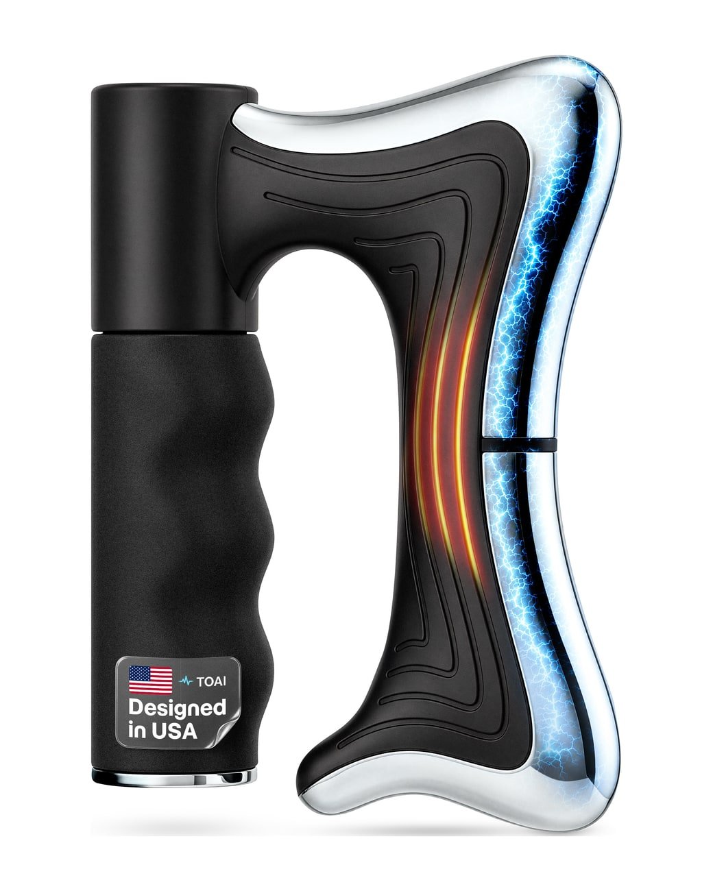 The TOAI muscle scraper: a textured black grip joined to a curved stainless steel blade, with heat and microcurrent shown glowing along its edge