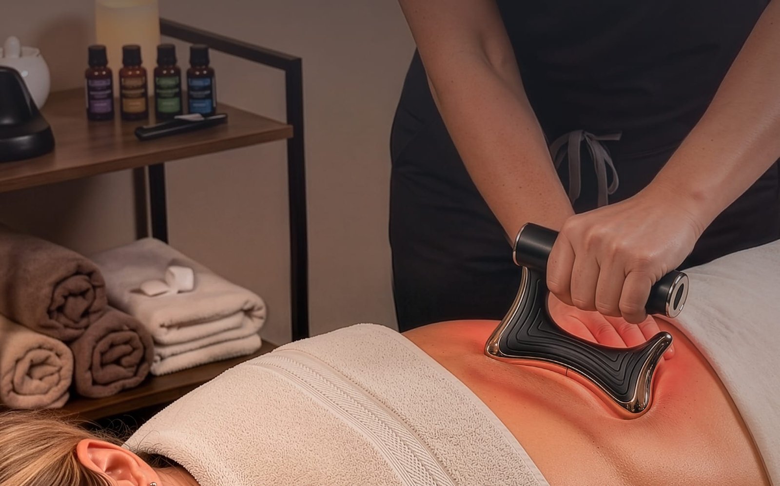 A therapist gliding the TOAI scraper across a client's lower back on a treatment table, warmth spreading under the head